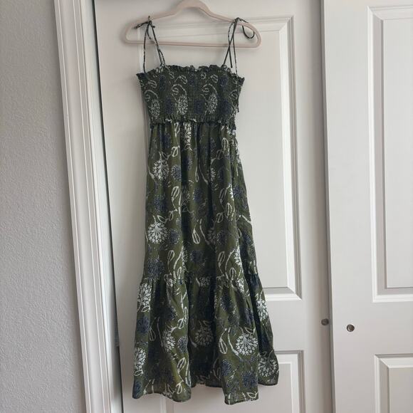 ZARA Green Floral Print Smocked Midi Dress 100% Cotton Tie Straps Size XS - Picture 3 of 14